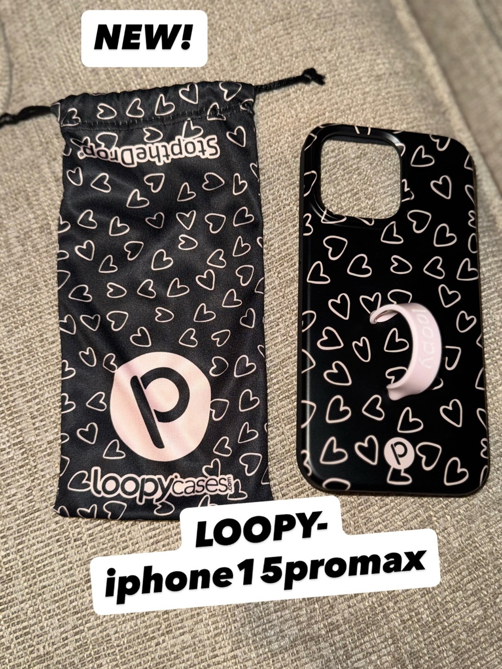 Loopy Black & Pink Heart iPhone 15 Pro Max Case with Loopy Ring